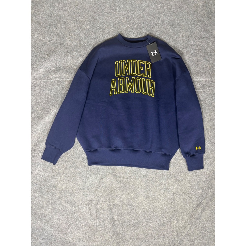 Under Armour Womens XS Oversized‎ Varsity Crew Sweatshirt Navy Yellow Logo